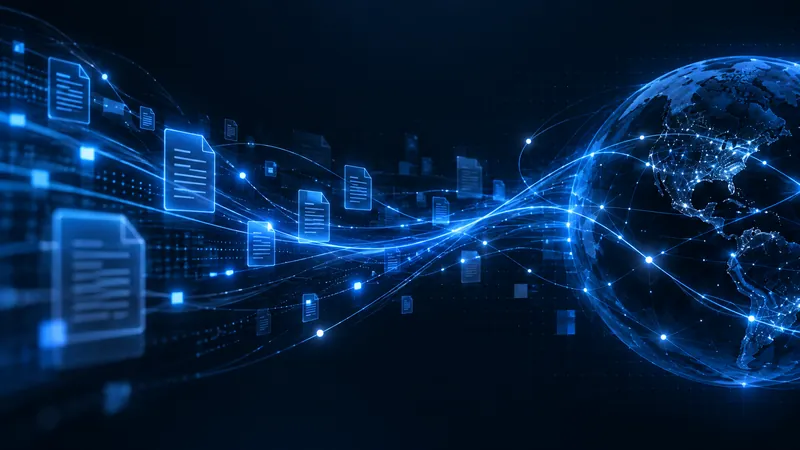 Documents flowing along lines of light toward a connected globe